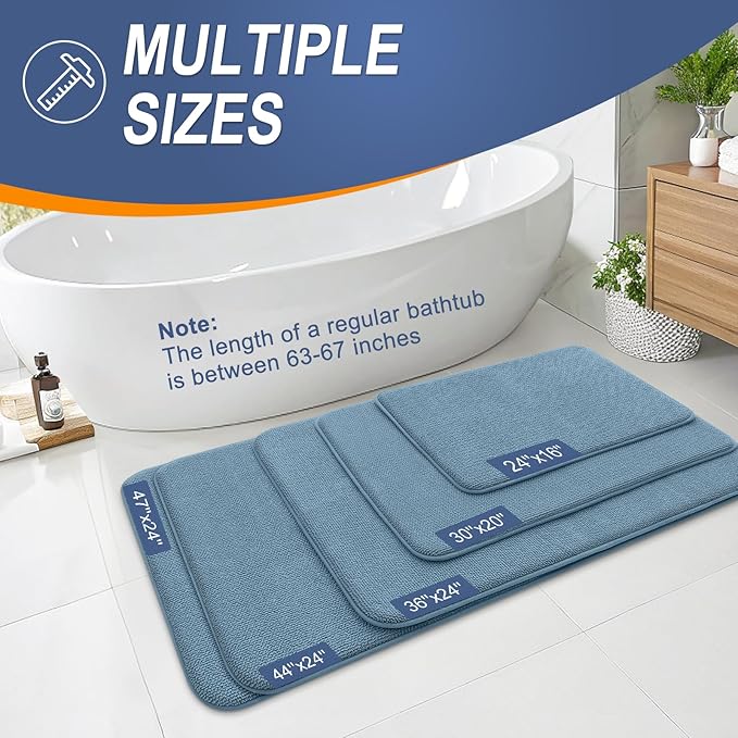 OLANLY Thick Memory Foam Bath Mat Rug 59x24, Extra Soft Absorbent Bathroom Rug, Quick Dry Bath Mats, Non-Slip, Machine Washable Carpet for Bathroom, Tub and Shower, Home Decor Accessories, Airy Blue