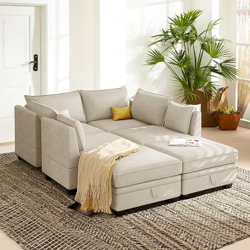 115.1 Inch Oversized U-Shape Sectional Sofa with Removable Ottoman and Storage Seat, Modular Upholstered Convertible Couch Bed w/Reversible Chaise for Living Room, Office, Beige