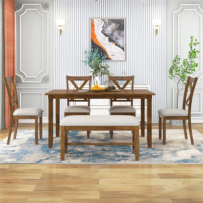 SogesPower 6-Piece Kitchen Dining Table Set for 4-6,Rectangular Dining Table with 4 Fabric Chairs & 1 Bench for Dining Room Living Room,Natural Cherry