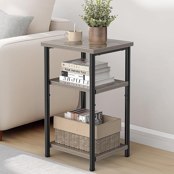 DUMOS End Table, 3 Tier Side Sofa Tables for Small Space, Storage Shelf, Nightstand with Adjustable Feet for Living Room, Bedroom, Office, Set of 1, Oak Grey