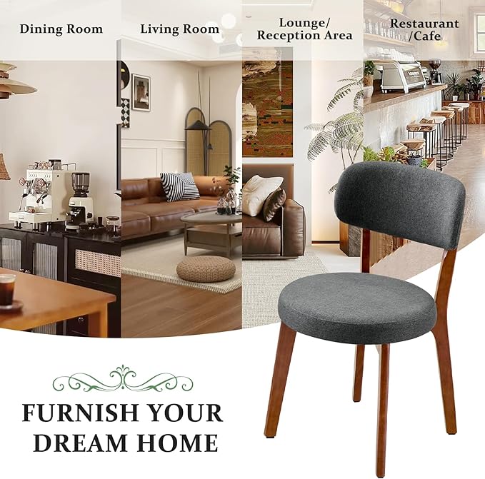 Furniliving Wooden Dining Chairs Set of 4, Mid-Century Modern Linen Upholstered Kitchen Chair with Solid Oak Wood, Farmhouse Dining Room Chairs, Grey