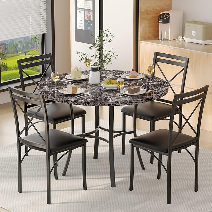 VECELO 5 Piece Dining Table Set for 4, Faux Marble Dinette with Chairs for Kitchen, Breakfast Nook, Small Space, Black