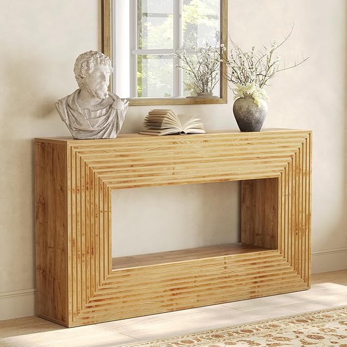 LITTLE TREE 59-Inch Console Table with Storage, 2-Tier Farmhouse Fluted Sofa Table Behind Couch, Large Narrow Entryway Furniture for Living Room, Foyer (Light Walnut)