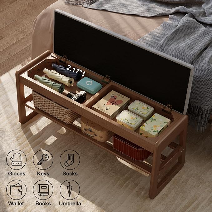 Shoe Rack Bench with Cushion, 2 Tiers Shoe Bench with Flip-Top Storage,Wood Shoe Rack for Entryway,Hallway（Walnut,39.3"）