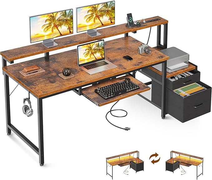 AODK Computer Desk with Drawers and Keyboard Tray, 63" Office Desk with Power Outlet, Reversible Study Work Desk with Printer Shelf and PC Stand for Home Office, Vintage