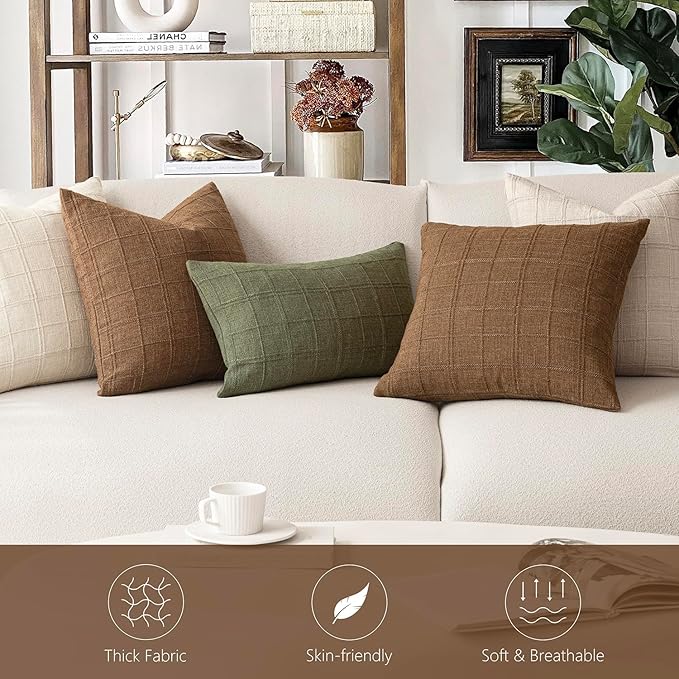 Foindtower Set of 2 Decorative Linen Check Throw Pillow Covers Neutral Farmhouse Vintage Cushion Covers Modern Boho Home Decor for Sofa Chair Couch Bedroom Living Room Outdoor,18×18 Inch,Brown Hazel