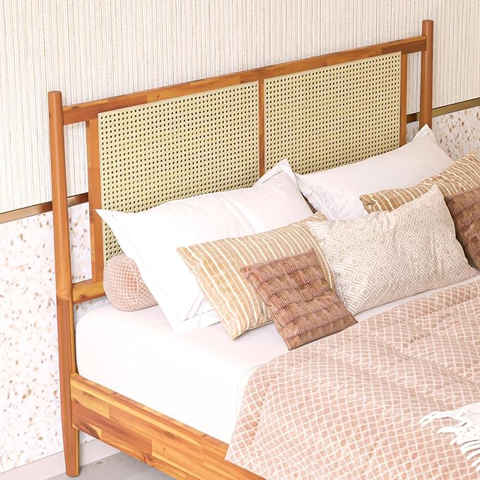 Bme Oliver Headboard Queen Size Bed Frame - 15-Inch Signature Design with Rattan Headboard, Bohemian and Mid Century Style, 12-Slat Wood Support, No Box Spring Needed - Easy Assembly, Caramel