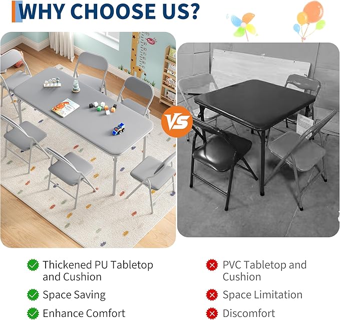 GarveeHome 7-Piece Kids Folding Table and Chairs Set, Toddlers Children's Activity Table and Chairs Set for Dining Room,Daycare,Classrooms
