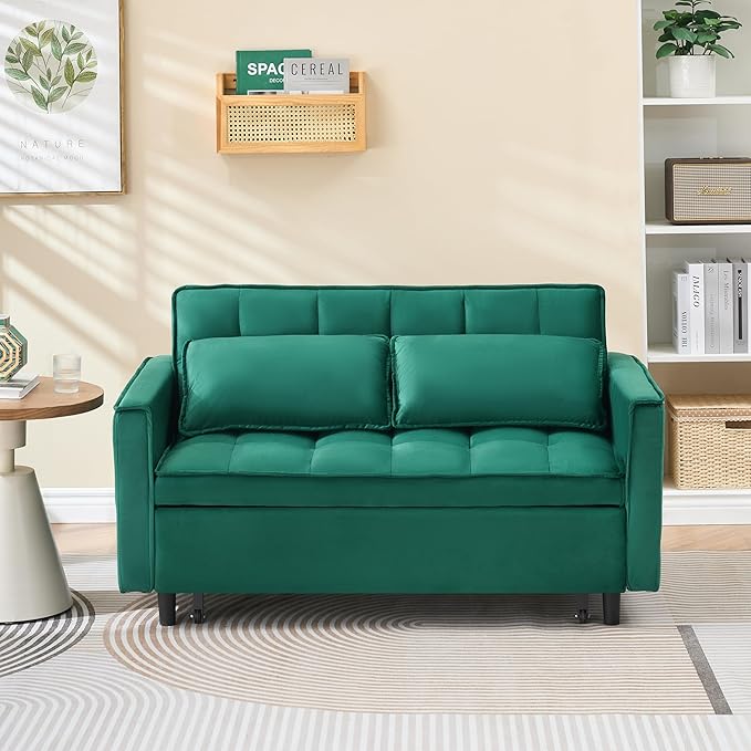 Ball & Cast Convertible Sofa Bed,Pull Out Loveseat Sleeper Sofa,Convertible Pull Out Couch W/ 2 Pillows,Adjustable Backrest & Side Pocket,Corduroy Futon Couches for Living Room,Apartment,Green,55"