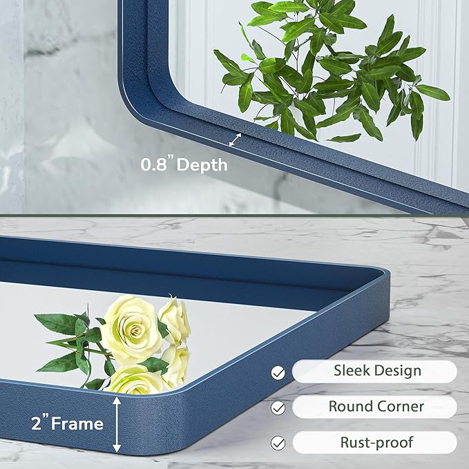 TokeShimi 60 x 36 Inch Blue Bathroom Vanity Mirror for Wall with Non-Rusting Aluminum Alloy Matte Metal Frame for Modern Farmhouse Home Decor (Horizontal/Vertical)