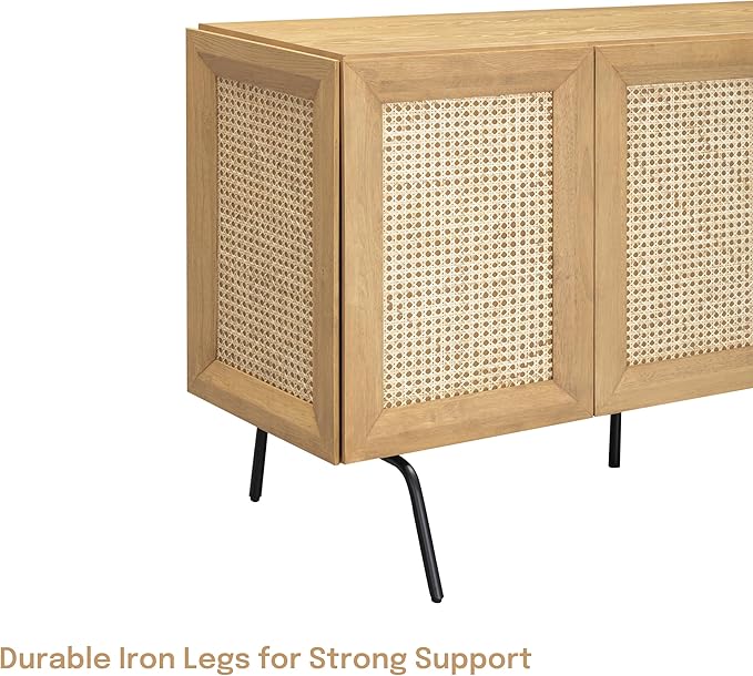 NTC MOSSIC Modern Sideboard with 3 Doors, Natural Rattan Storage Cabinet, Buffet with Metal Legs, Boho Accent Cabinet for Living Room, and Entryway, Effortless Assembly, Sand