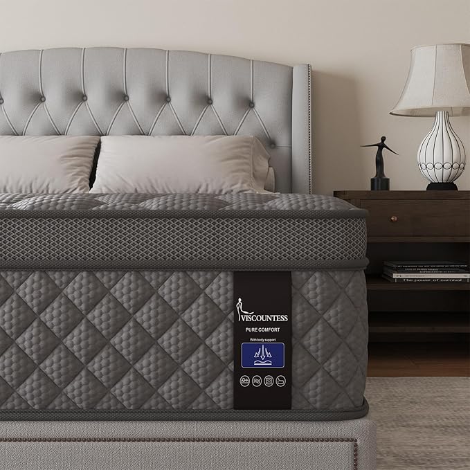 Queen Mattress, 12 Inch Hybrid Mattresses Grey, Euro Top Medium Firm for Back & Lumbar Support, 100 Night Trial, Individual Pocket Spring for Motion Isolation & Pressure Relief