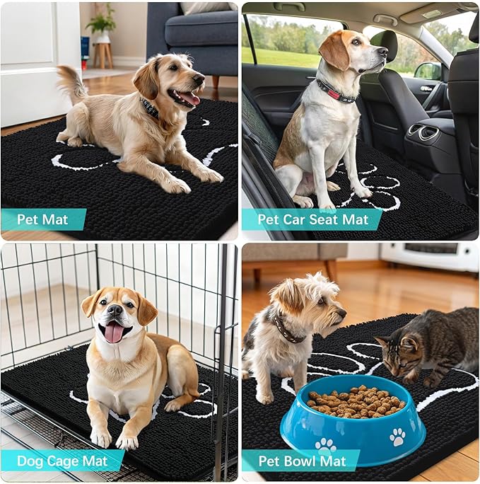 OLANLY Door Mat for Muddy Dog Paws 47x24, Ultra Absorbent Chenille Mud Doormat with Paw Print Design, Non-Slip Washable Doormat for Indoor Entryway, Quick-Dry Pet Bed Mats for Dirty Dogs, Black