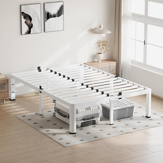 18 Inch Queen Size White Bed Frame, 3500Lbs Heavy Duty Metal Platform with Round Corner Legs Mattress Slide Stopper, Steel Slat Support No Box Spring Needed, Noise Free, Easy Assembly
