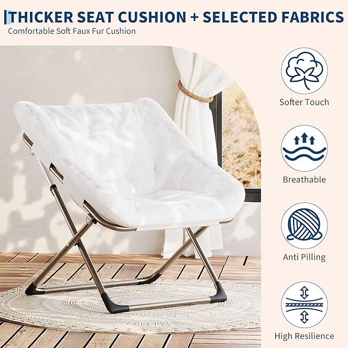 Comfy Chair for Adults, Foldable Living Room Chairs, Soft Faux Fur Folding Lounge for Bedroom Living Room Dorm Rooms, Flexible Reading Chair for Teens (2, White, X-Large)