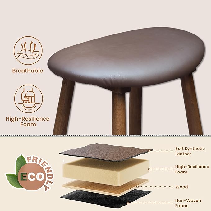 Nora 30" Upholstered Bar Stool, Backless Saddle Seat with Faux Leather Cushion, Solid Rubber Wood Frame in Brown Finish, Ideal for Kitchen Island or Home Bar Use