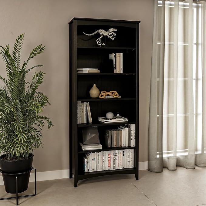 Camaflexi Shaker Style 6 Shelf Bookcase/Solid Wood / 72 inch Tall/Adjustable Shelving/Closed Back/Display Bookshelf for Living Room, Bedroom, Home and Office, Black