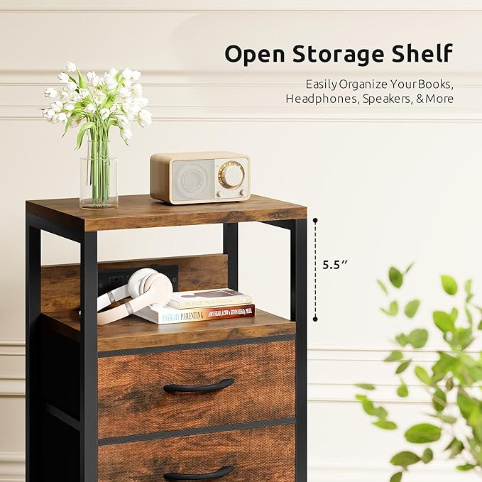 NightStand Bedside Charging Table Bedroom - Night Stand with Charger Station, Modern Nightstand with Open Shelf & 3 Fabric Drawers, Bed Side Table USB-C USB Ports & AC Outlets for Dorm Living Room