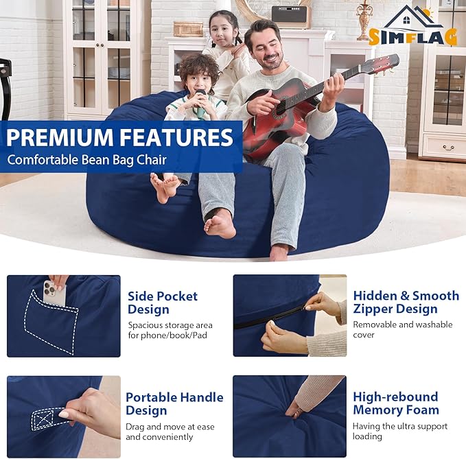 4FT Bean Bag Chair, Large Bean Bag Chairs with Memory Foam Filled, Fluffy Beanbag Sofa with Dutch Velvet Cover, Round BeanBag Chairs for Living Room, Playroom - Blue