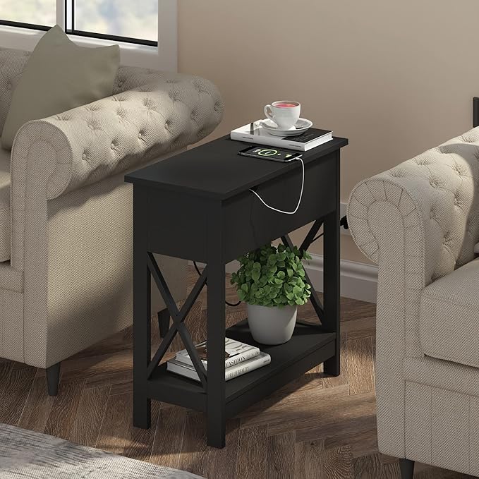ChooChoo End Table with Charging Station, Narrow Flip Top Side Table with USB Ports & Power Outlets for Small Spaces, Nightstand Sofa Table for Living Room, Bedroom, Black, 2 Pack