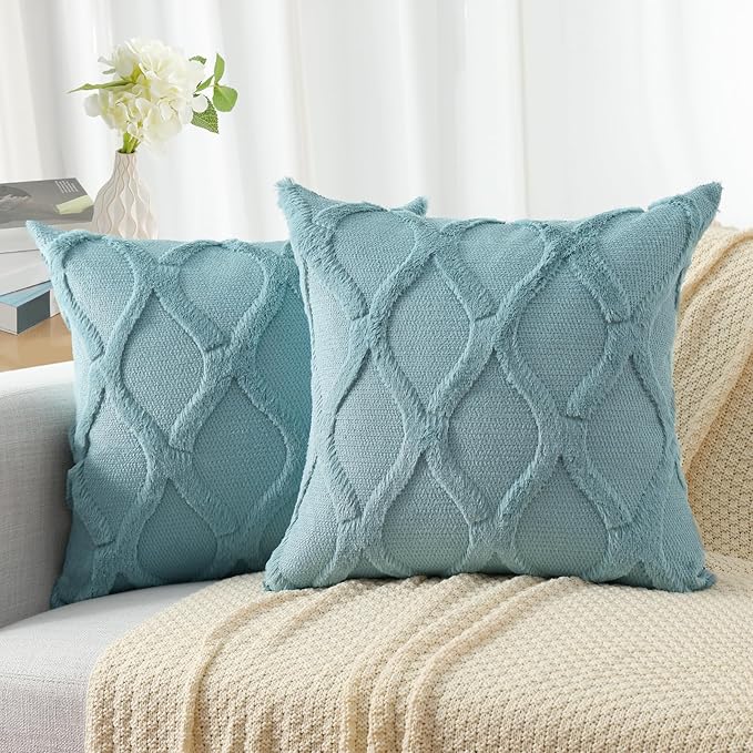 decorUhome Throw Pillow Covers 26x26 Inch Set of 2, Soft Plush Faux Fur Wool Aqua Couch Pillow Covers, Decorative Neutral Pillow Cases for Bed Sofa Living Room Home Decor