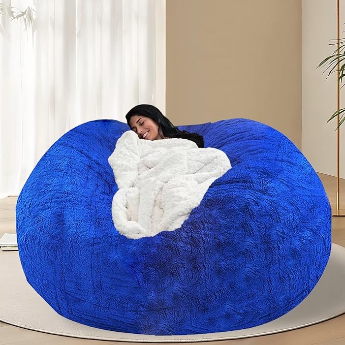BCU Oversized Bean Bag Cover Comfy Beanbag Chair for Adults Without Filler Faux Fur Floor Chair Lazy Sofa Cover Comfy for Living Room Chairs, Royal Blue, 5FT