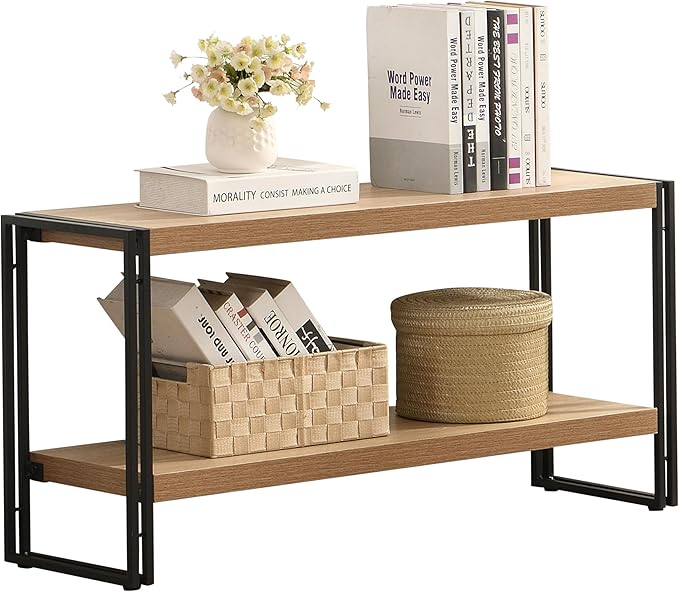 Small Industrial Bookshelf 2 Shelf Bookcases and Book Shelves for Living Room/Bedroom Wood Metal Rustic Oak