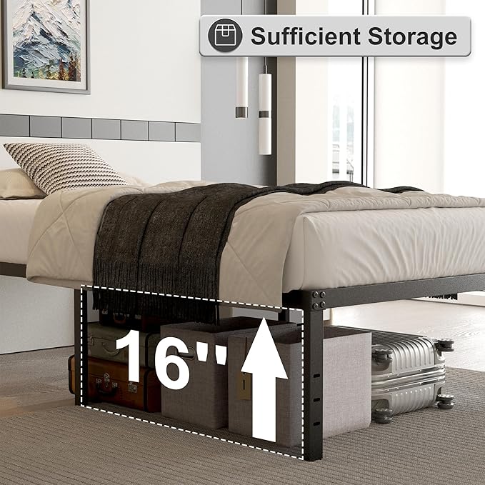 18 Inch Queen Bed Frame with Black Bed Cover, Metal Bed Frames Queen Size No Box Spring Needed, Heavy Duty Mattress Foundation, Easy Assembly, Noise Free