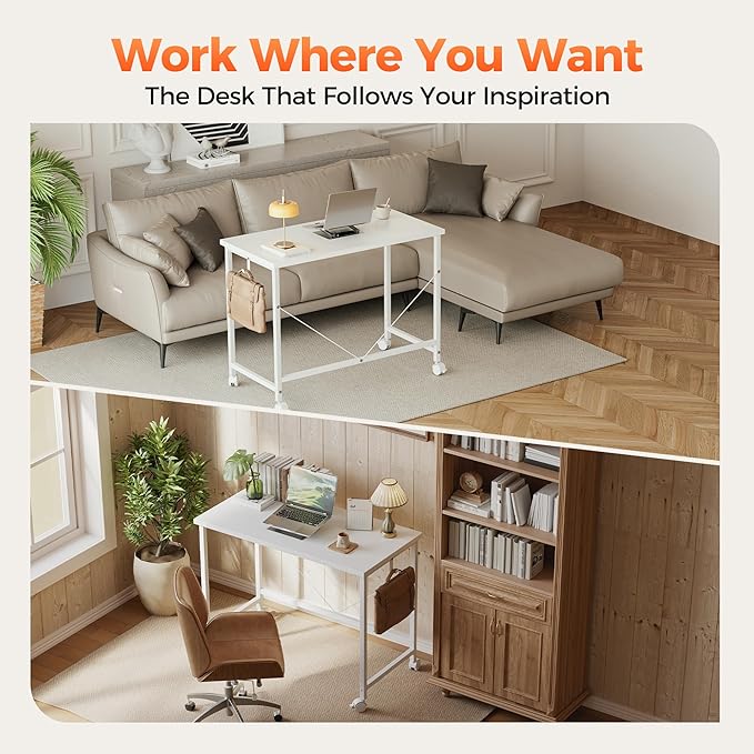 Rolling Computer Desk with Wheels, Gaming Desk for Small Spaces, Modern Simple Style Table for Home Office, Study Writing Table (Caster, Oak, 40 inch)