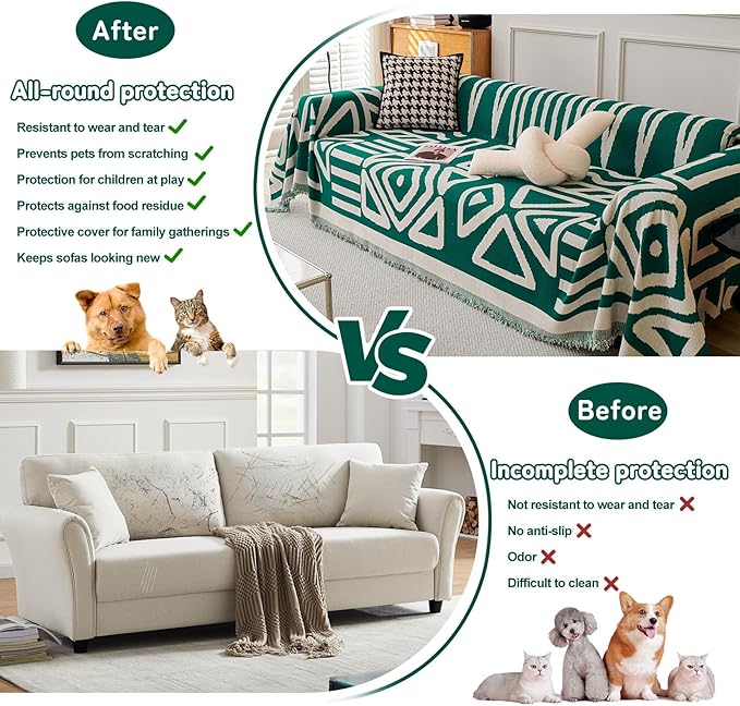 HANDONTIME Couch Cover Boho Sofa Covers Washable Forest Green Dog Covers for Couches Reversible Couch Blanket Cover Geometric L Shaped Couch Covers for 2 3 Couch Cushion Cover Dark Green, 71" X150"