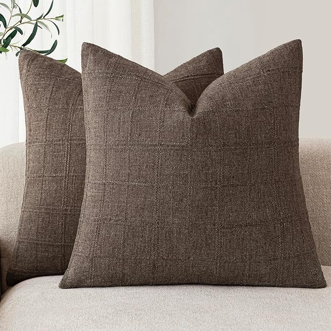 Foindtower Set of 2 Decorative Linen Check Throw Pillow Covers Neutral Farmhouse Vintage Cushion Covers Modern Boho Home Decor for Sofa Chair Couch Bedroom Living Room Outdoor,20×20 Inch,Dark Brown