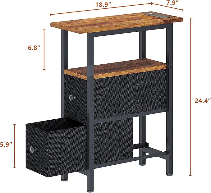 End Table Set 2 with Charging Station, Narrow Side Table with 2 Fabric Drawers, Skinny Nightstand with LED Light, Slim Bedside Table for Bedroom, Living Room, Small Spaces, Brown and Black
