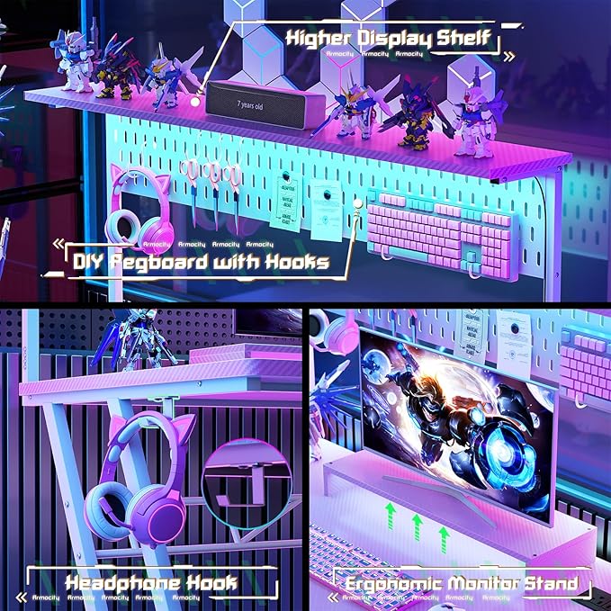 Gaming Computer Desk with Power Outlets, Gaming Desk with Hutch and LED Lights, Reversible PC Gaming Desk with Pegboard, Carbon Fiber Pink, 47"