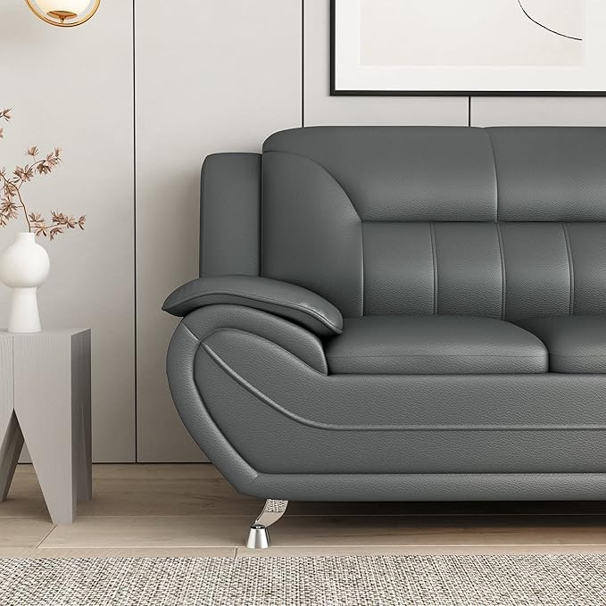 Container Furniture Direct Michael Modern Faux Leather Upholstered Stainless Steel Legs Living Room Sofa, Loveseat, Sleek Gray