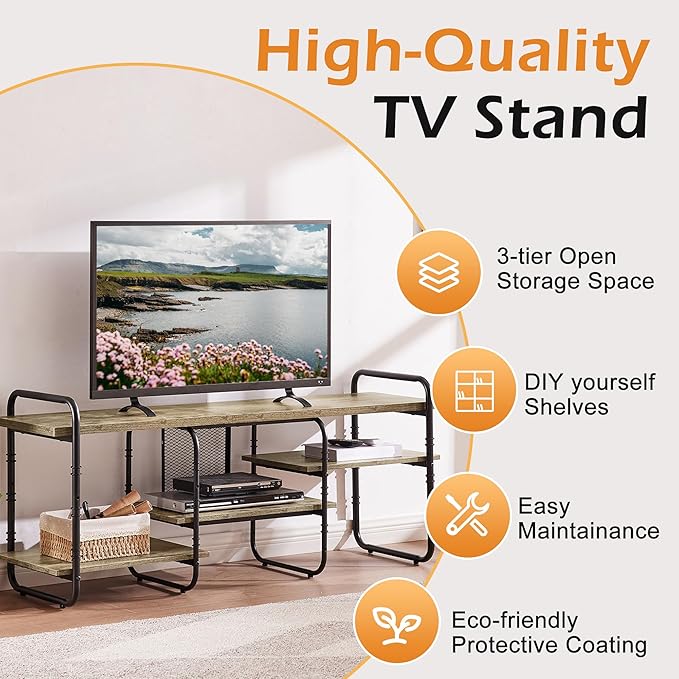 VECELO TV Stands for 65 Inch,Entertainment Center/Media Console Table with Adjustable Storage Shelves for Living Room/Bedroom,Grey