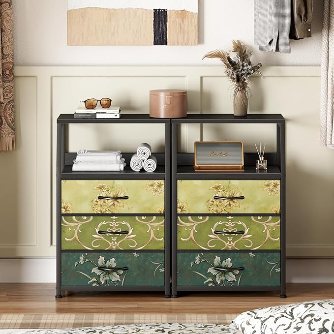 Furnulem Retro Night Stand with 3 Drawers and 2-Tier Shelf, Small Nightstand Side Table, Vintage Storage Dresser for Bedroom, Fabric Drawer Organizer for Closet, Beside Furniture