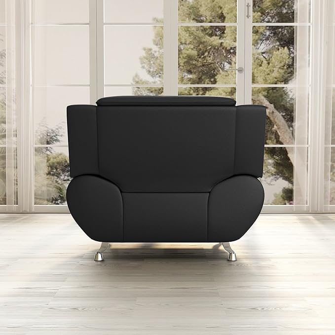 Container Furniture Direct Michael Modern Faux Leather Upholstered Stainless Steel Legs Living Room, Chair, Loveseat, Sofa, Black
