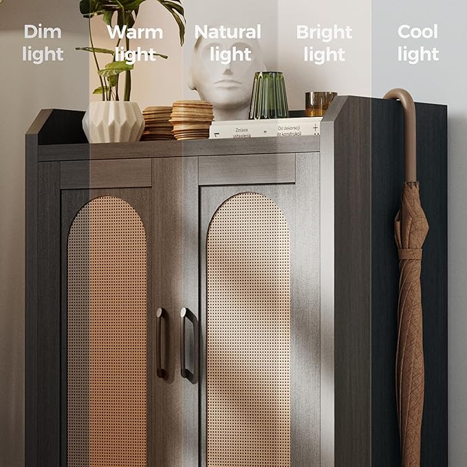 Shoe Cabinet Storage for Entryway, Natural Rattan Shoes Cupboard, Wooden Shoe Rack with Doors and Shelves, Farmhouse Boho Wood Shoe Organizer Cabinet for Hallway Black