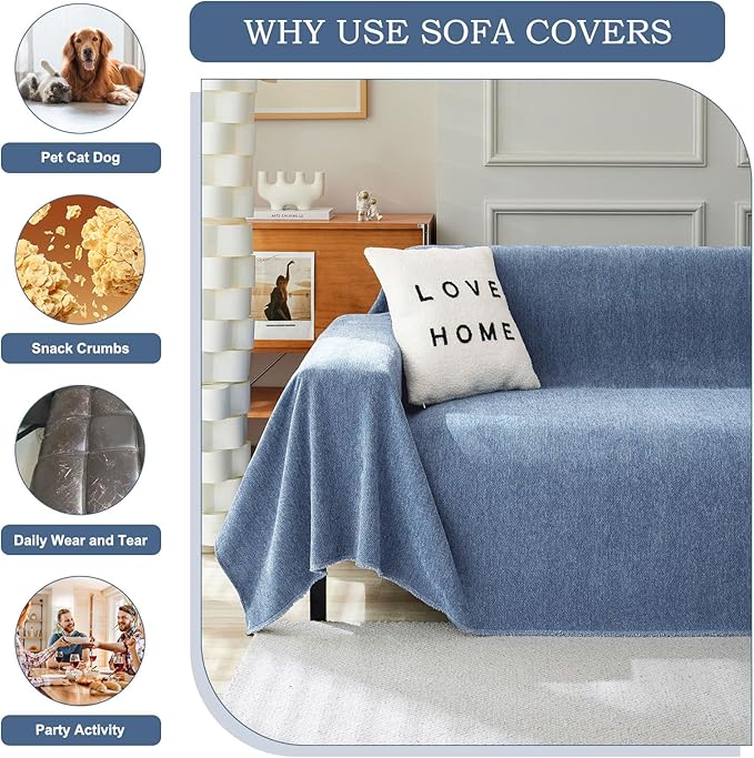 STACYPIK Durable Simple Blue Sofa Cover for Pets Kids Textured Herringbone Chenille Couch Covers for 3 Cushion Couch L Shape Couch Cover Versatile Protector Cover Multi-Use Blanket Washable-91X150IN
