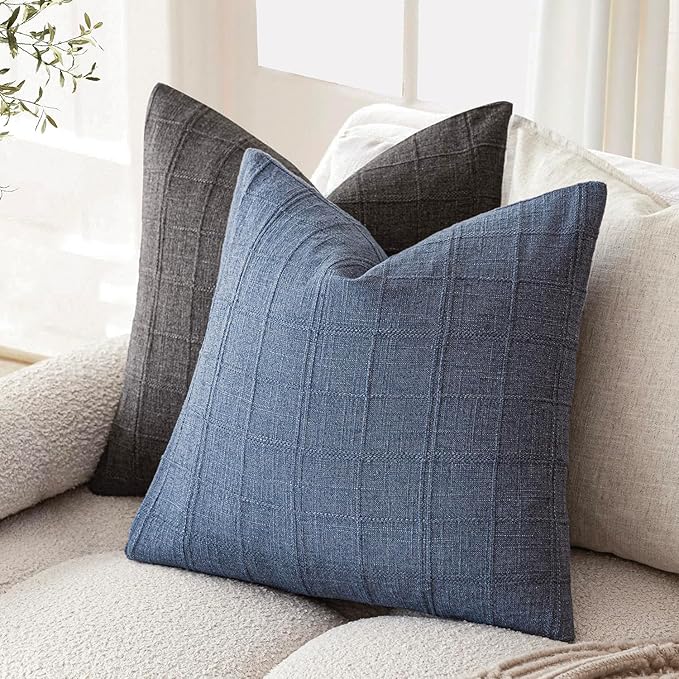 Foindtower Set of 2 Decorative Linen Check Throw Pillow Covers Neutral Farmhouse Vintage Cushion Covers Modern Coastal Boho Home Decor for Sofa Chair Couch Bedroom Living Room Outdoor,16×16 Inch,Blue