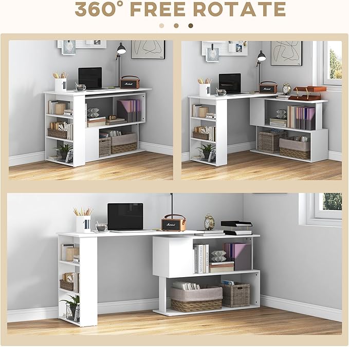 HOMCOM L Shaped Desk, Corner Computer Desk, 360 Degree Rotating Home Office Desk with Storage Shelves, Writing Table Workstation, White