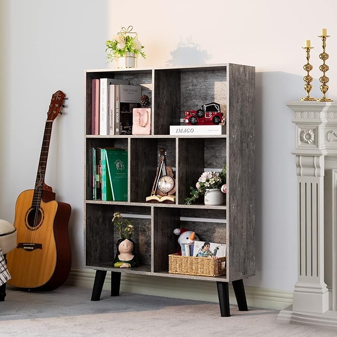 LEYAOYAO Bookshelf Cube Storage Organizer,3 Tier Bookcase with Legs,Modern Wood Open Shelf,Dirty Grey Bookshelves,Free Standing Display Short Book Shelves for Narrow Space,Bedroom,Living Room,Office