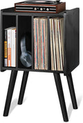 Wooden LP Record Player Stand with 4 Cabinets, Holds up to 100 Vinyls, Metal Record Storage Holder and Organizer Table, Classical Design for Files/Book (Mid-Century Modern)