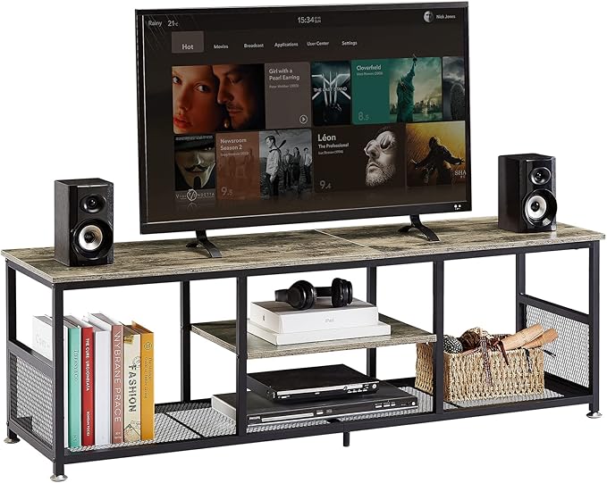 VECELO Industrial TV Stand for Televisions up to 65 Inch, 55" Entertainment Center with Open Storage Shelves for Living Room/Bedroom, 3 Tiers Media Console Table with Metal Frame, Grey, 55 Inches