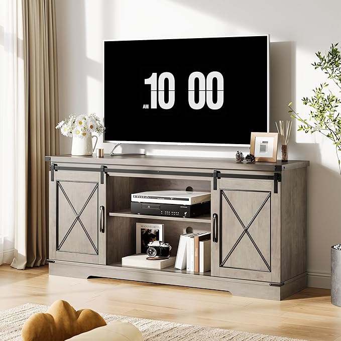 Farmhouse 59" TV Stand Up to 65 Inches, Mid Century Modern TV Entertainment Center with Storage Cabinets & Open Shelves, Wood TV Cabinet for Living Room, Grey