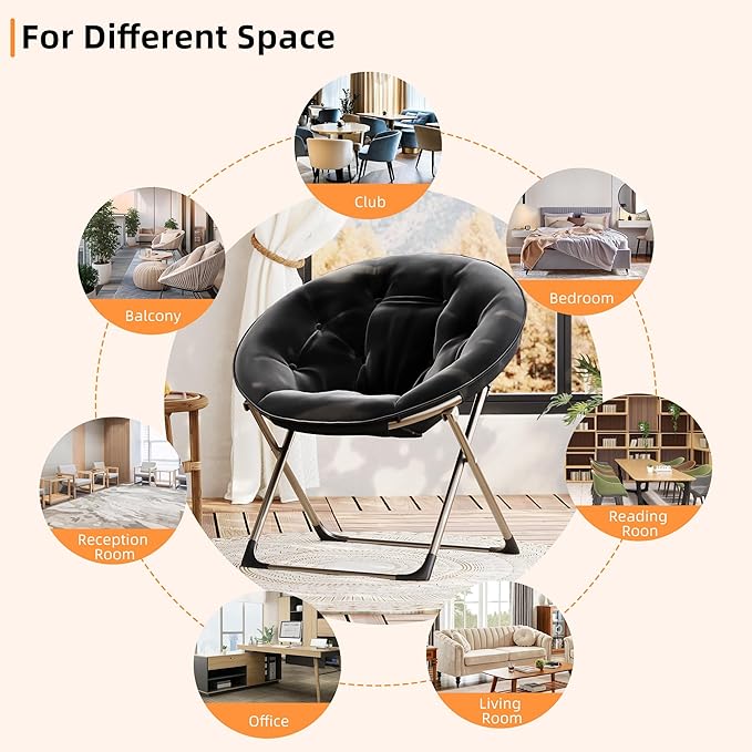 Comfy Saucer Chairs, Black Folding Reading Lounge Chair, Cozy Faux Fur Living Room Chair with Soft Thick Padded Seat & Metal Frame, Modern Style Bedroom Home for Kids Adults, X-Large, Gold Legs