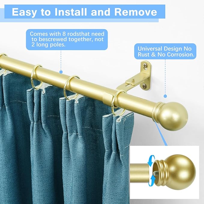 Curtain Rods for Windows 16 to 120 Inches, Curtain Rod Max Adjustable Length of 132 IN, 1" Diameter Drapery Rods Round Finials, Warm Gold, Pack of 2