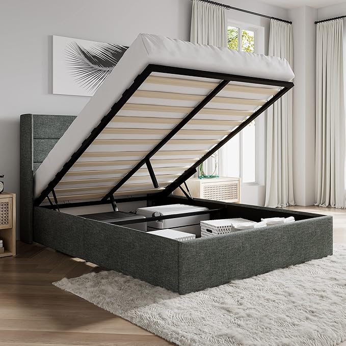 SHA CERLIN Full Size Lift Up Storage Bed/Modern Wingback Headboard/Upholstered Platform Bed Frame/Hydraulic Storage/No Box Spring Needed/Wood Slats Support/Dark Grey