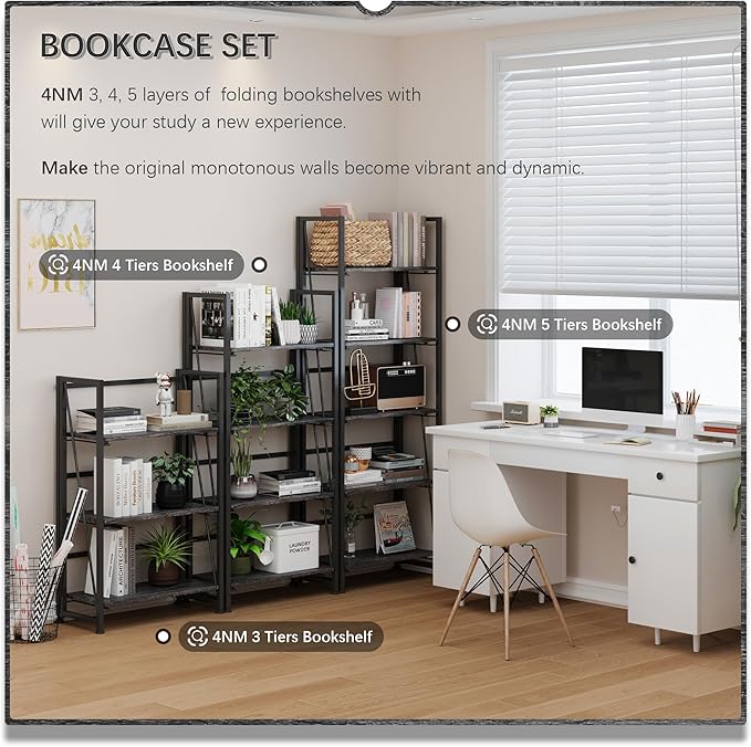 4NM No-Assembly Folding Bookshelf Storage Shelves 3 Tiers Vintage Bookcase Standing Racks Study Organizer Home Office (Gray Black)