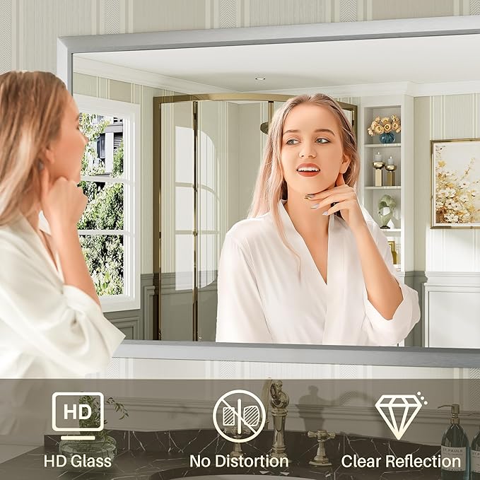 60x36 Inch Silver Bathroom Mirror for Wall, Thick Metal Framed Rectangle Mirrors for Over Sink, Bedroom, Living Room, Entryway, Anti-Rust, HD Tempered Glass